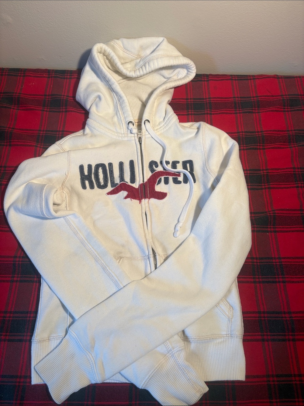 Hollister White Zip-Up Hoodie with Red Logo